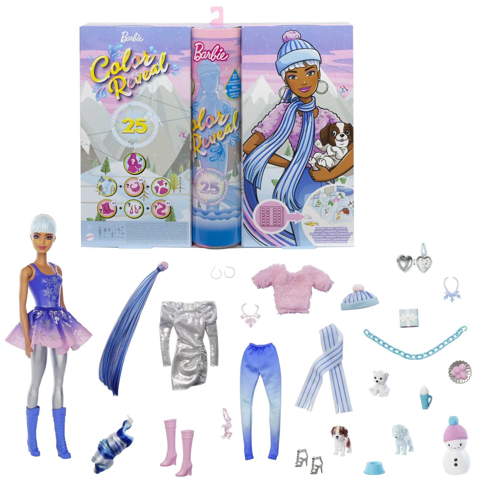 Barbie Color Reveal Advent Calendar, 25 Surprises Include Color Reveal Barbie Doll, 1 Color Reveal Pet, Clothes, Accessories , Gift for Kids 3 Years Old & Up, HBT74