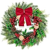 Christmas Wreaths for Front Door Outside Decor, 20" Berries Linen Ball Ornaments Pine Branches Winter Artificial Wreath Decorations with Velvet Bow for Xmas Home Door Wall Fireplace Indoor Porch