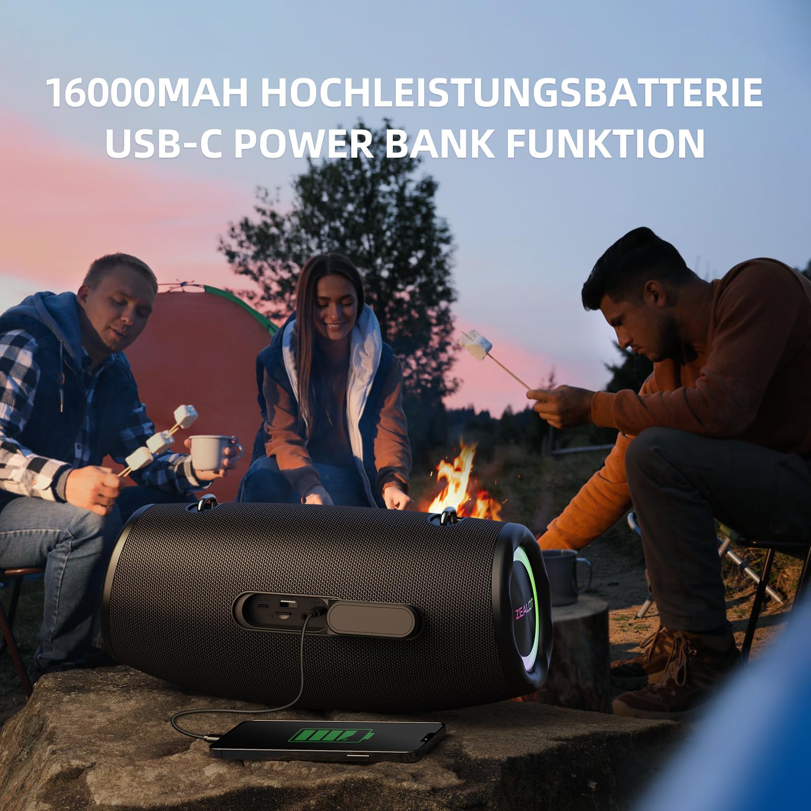 ZEALOT Bluetooth Lautsprecher,Musikbox Bluetooth Box für Draußen,80W Stereo Sound,BassUp, 16000mAH Akku,AUX Port,USB,Micro SD/TF,USB-C,Bluetooth 5.2,IPX6 Waterproof,für Camping, Pool,Garten 6