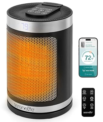 SereneLife Smart Space Heater – 1500W Indoor Electric Heater with Thermostat, Remote Control, 12-Hour Timer, Wi-Fi Enabled PTC Ceramic Heating for Home and Office, Black (5.9" x 5.9" x 9.5")