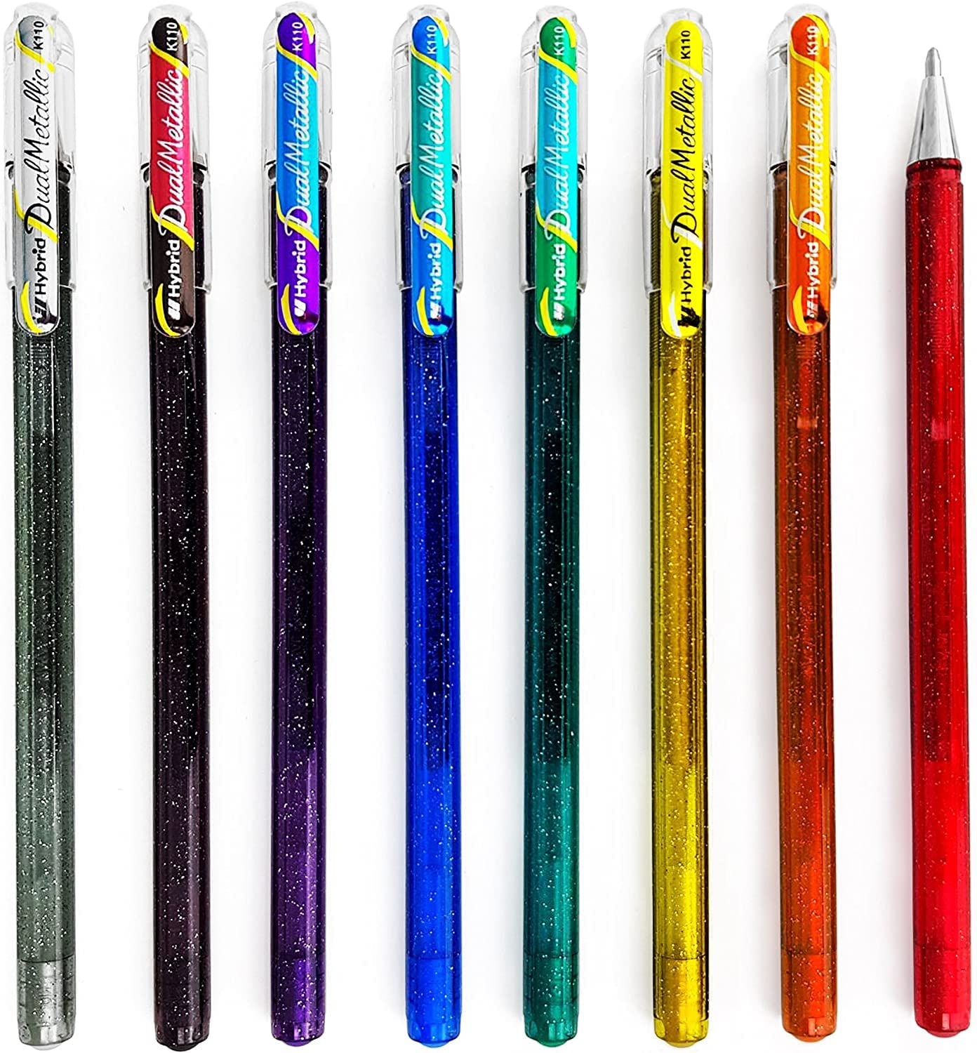 Pentel Hybrid - Dual Metallic Pens - Liquid Gel Rollerball Pens - K110 - Set of 8 Colours