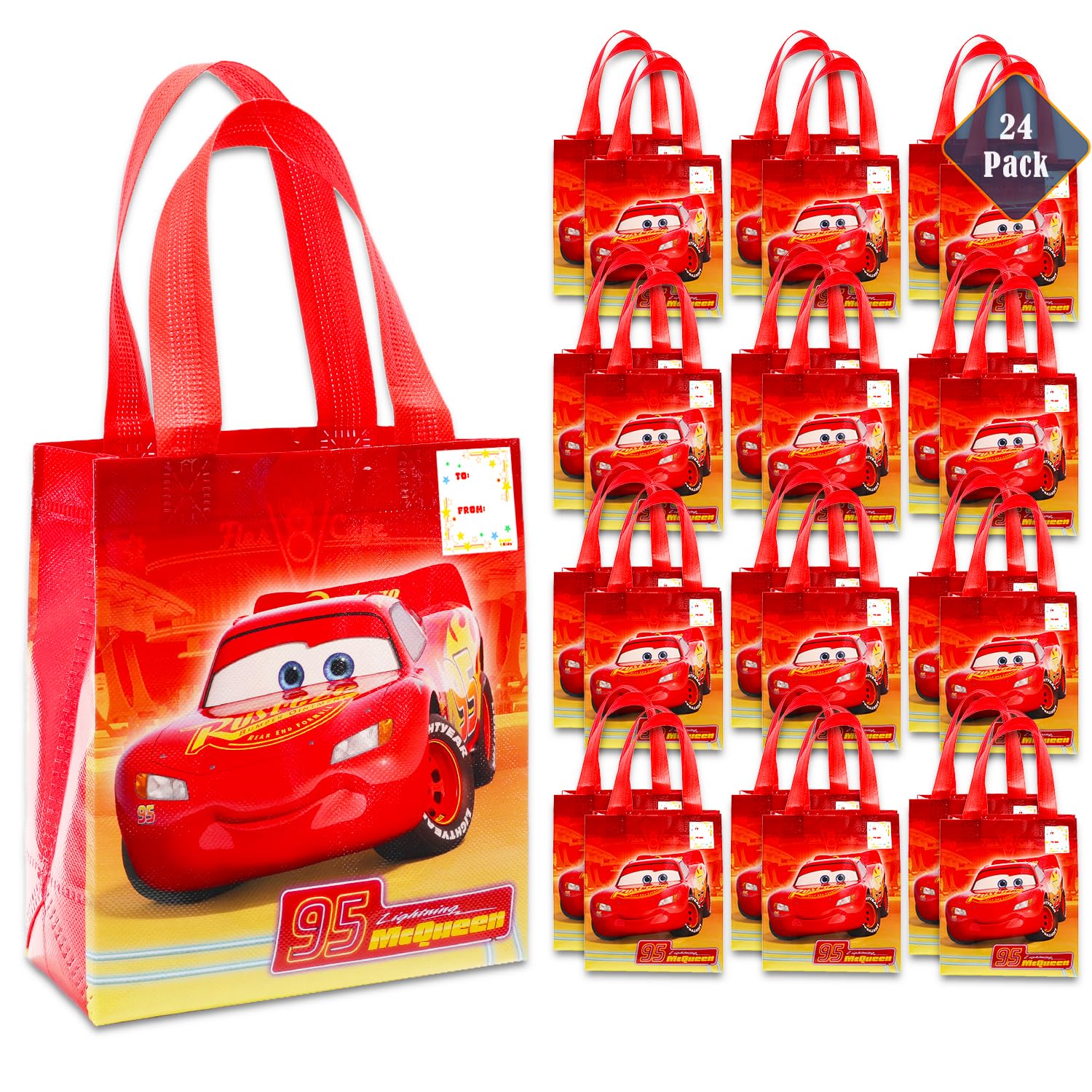 Photo 1 of Disney Cars Party Favor Bags Set – 24 Pack of 8" Cars Party Goodie Bags for Kids Bulk Reusable Mini Totes | Lightning McQueen Birthday Party Supplies
