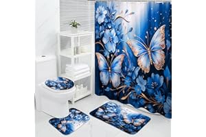 MitoVilla 4 Pcs Navy Blue Floral Butterfly Bathroom Sets with Shower Curtain and Rugs, Modern Shower Curtain Sets with Rugs for Elegant Bathroom Decor, Chic Bathroom Sets with Rugs and Accessories
