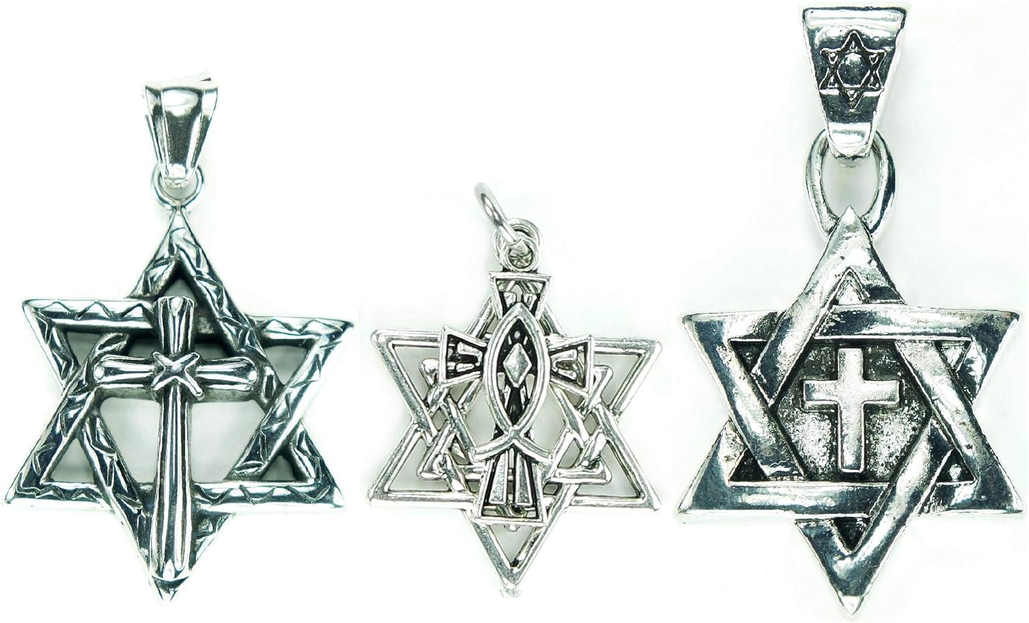 3pcs Messianic Pendants, Star of David With Cross, Christian Cross with