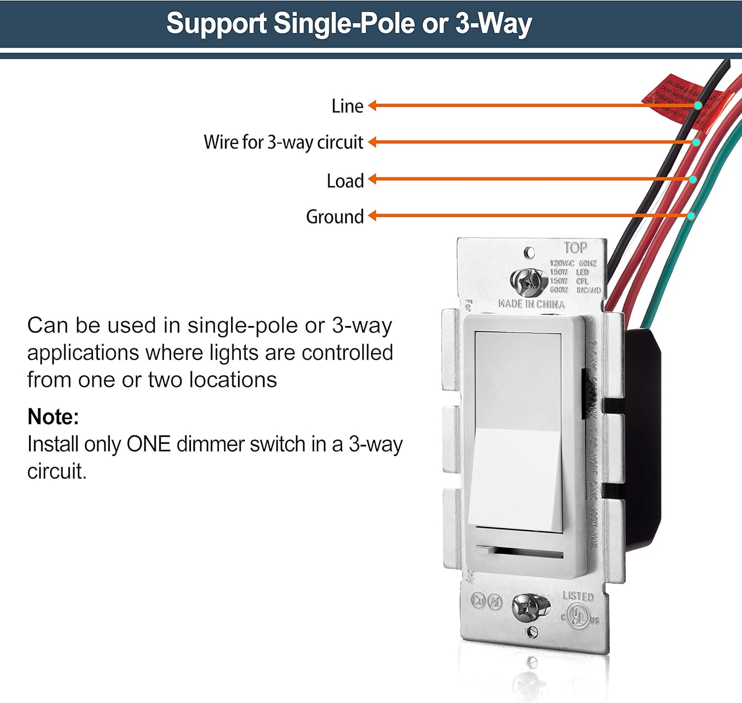 [6 Pack] BESTTEN Rocker Dimmer Switch for Dimmable LED, Halogen and Incandescent Bulbs, Single-Pole or 3-Way, 120V, UL Listed, White - - 