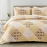 Exclusivo Mezcla Reversible Boho Quilts King Size, Yellow Bedspreads Lightweight Coverlet All Season Patchwork Quilt Bedding Set with Printed Floral Pattern (1 Quilt, 2 Pillow Shams)