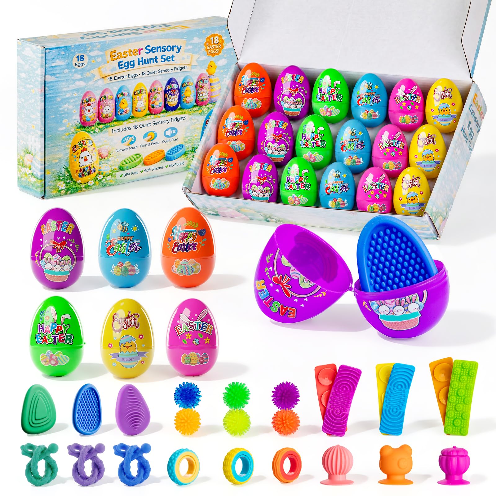 AONTESS Easter Basket Stuffers, Prefilled Easter Eggs with Quiet Sensory Fidgets, Textured Stone & Suction Toys & Spinner Ring for Kids Calming, Autism Anxiety Tools Classroom Prizes (18 PCS)