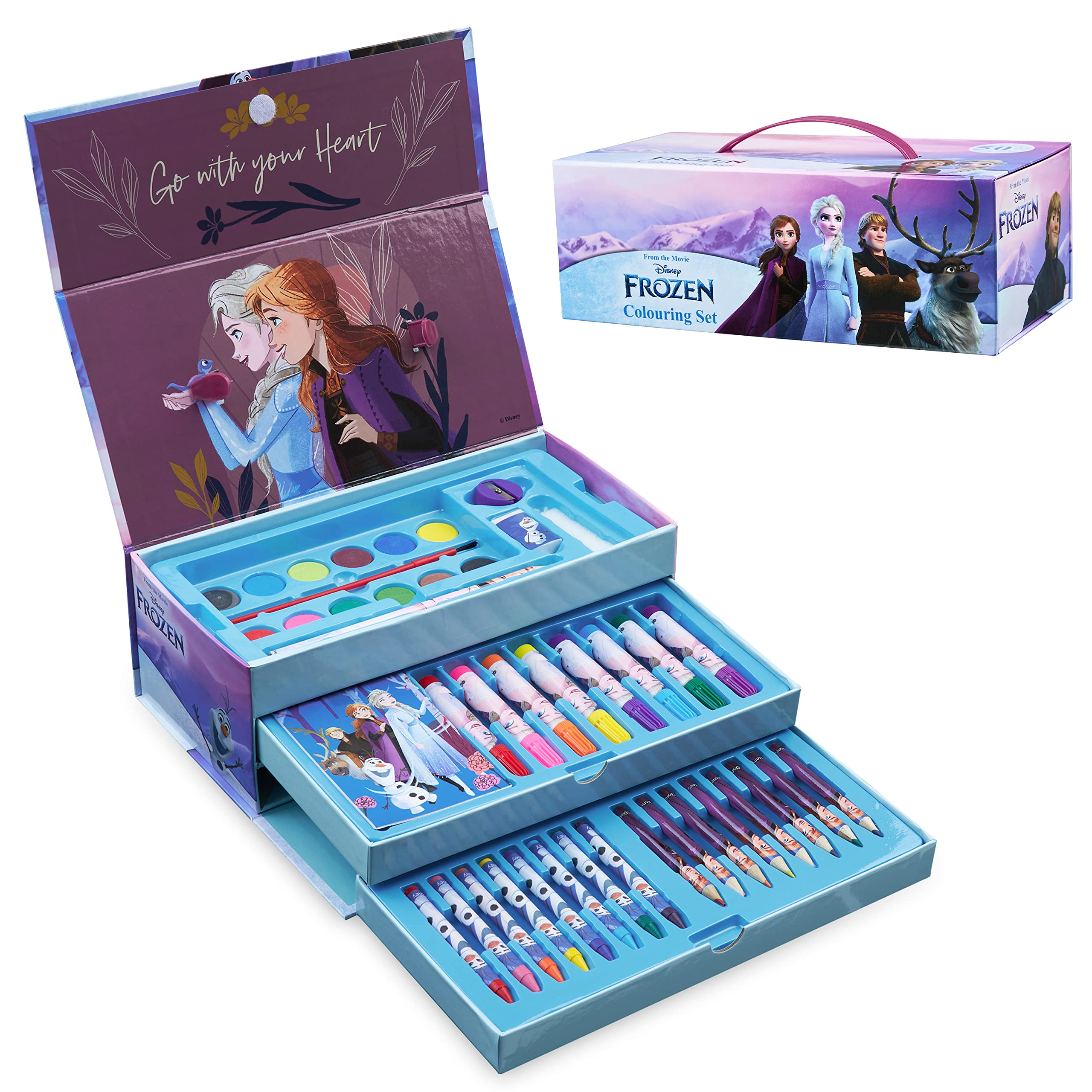 Disney Frozen Art Set for Girls with Colouring Pencils Felt Tip Pens Stationery Crafts for Kids Elsa Art Supplies School Travel 40 Plus Pcs Gift Set