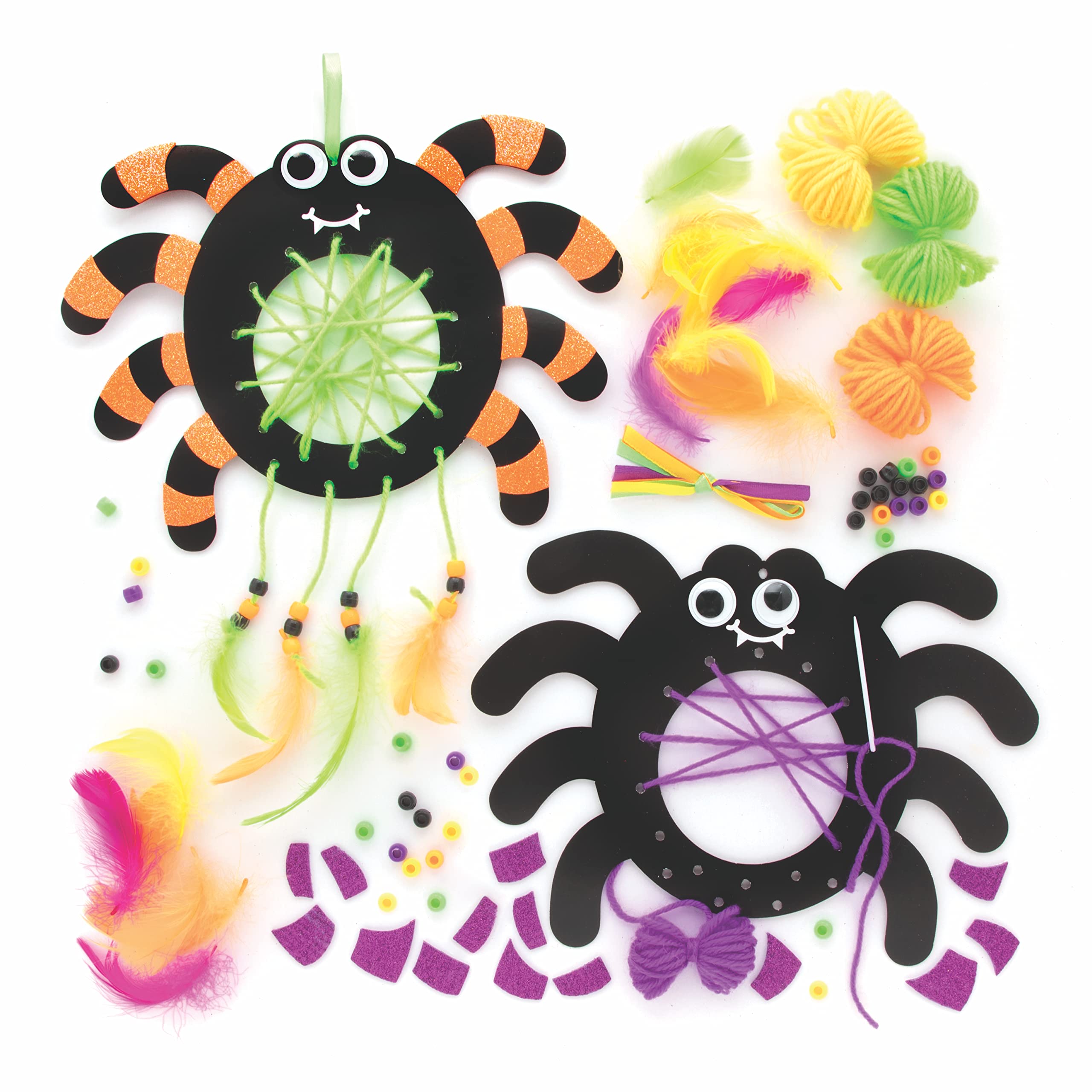 Baker Ross FE697 Spider Dreamcatcher Craft Kits - Pack of 4, Make Your Own Card Dream Catcher Kit, Halloween Art and Craft for Kids to Make and Decorate, Spider