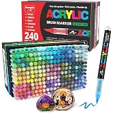 Guangna 240 Acrylic Paint Markers, Brush Tip Acrylic Paint Pens, Quick-Drying Waterproof Ink, for Rock Painting Plastic Wood Canvas Glass Ceramic Metal Art Crafts Supplies Gift