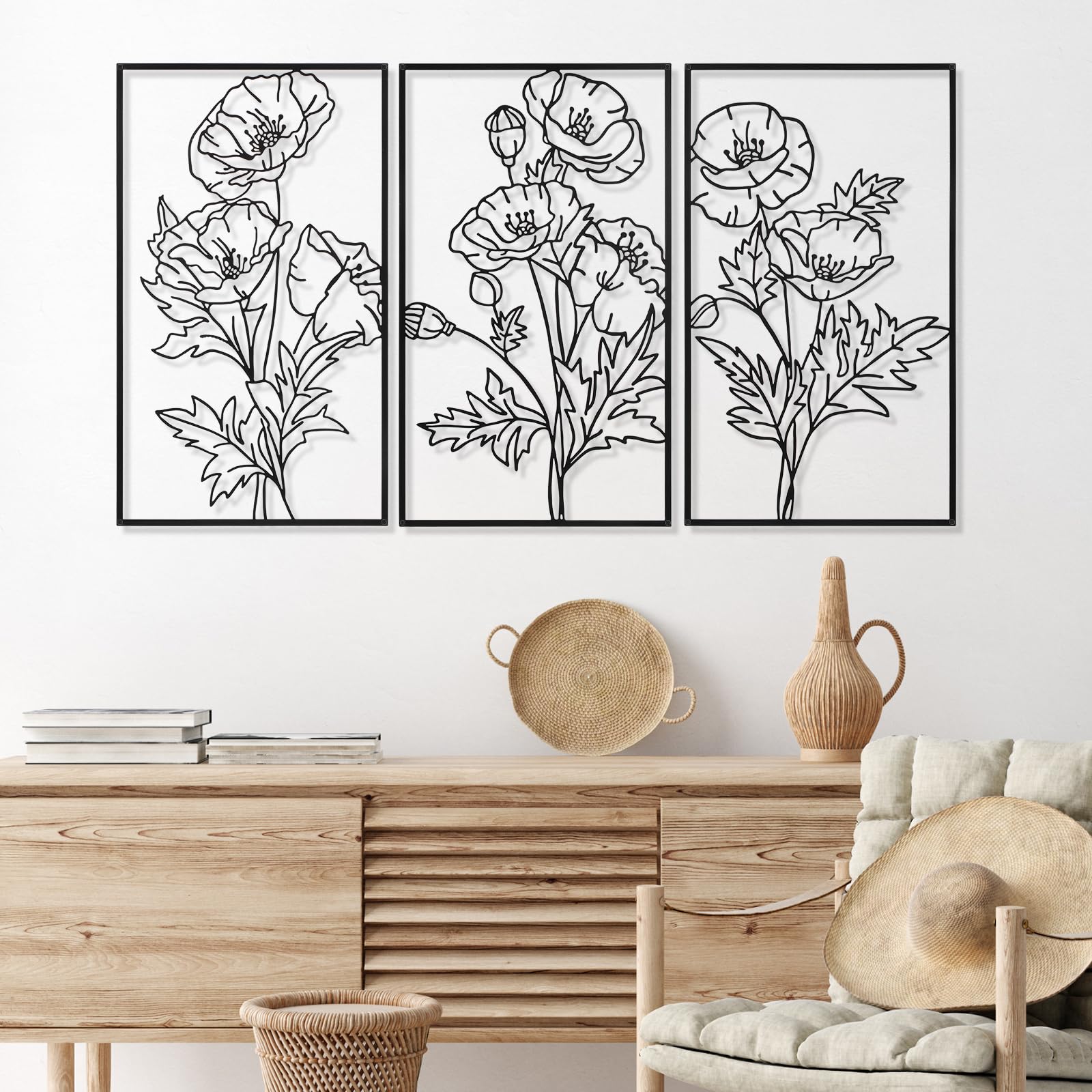 Photo 1 of Therwen 3 Pcs Black Metal Wall Art Minimalist Wall Decor for Bedroom Flowers Decor Hanging Flower Bathroom Art Flower Line Sculpture Kitchen Decoration 16.5 x 9.8 Inch