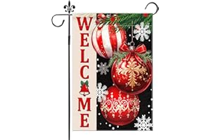 GODUCK Welcome Christmas Garden Flag 12x18 Inch Double Sided Xmas Ball Ornament Snowflakes Garden Flag for Outside Winter Festive Holiday Yard Outdoor Decorative Burlap Yard Flag