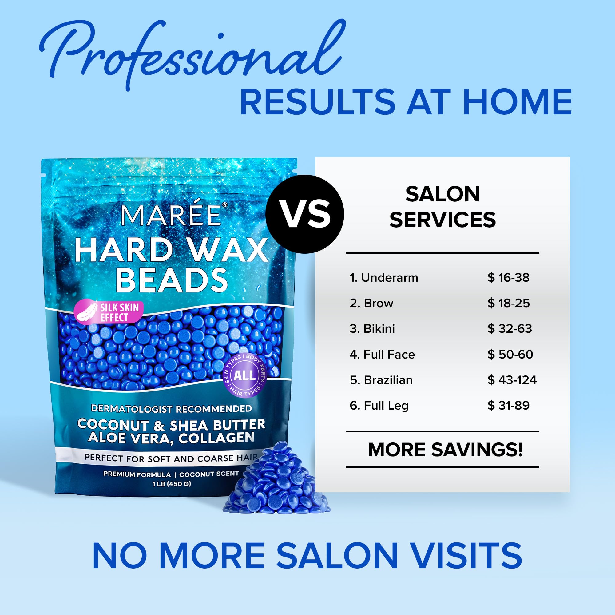 MAREE Hard Wax Beads - Hair Removal Kit with Marine Collagen Shea Butter & Aloe Vera - Body & Bikini - For Sensitive Skin - 450G