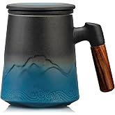 suyika Tea Cup with Infuser and Lid, 15.2 Ounce Wood Handle Ceramic Loose Leaf Mug Gradient Black&Blue 450ml