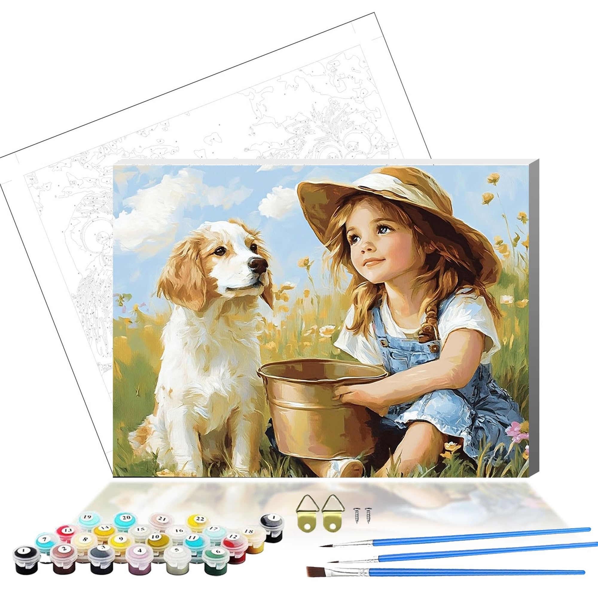 HEJINSHI Wooden Framed Paint by Number for Adults,DIY Painting Kits for Adult,Color by Numbers,Paint by Number Canvas Crafts Watercolor for Beginner Home Decor. (Girl and Dog)