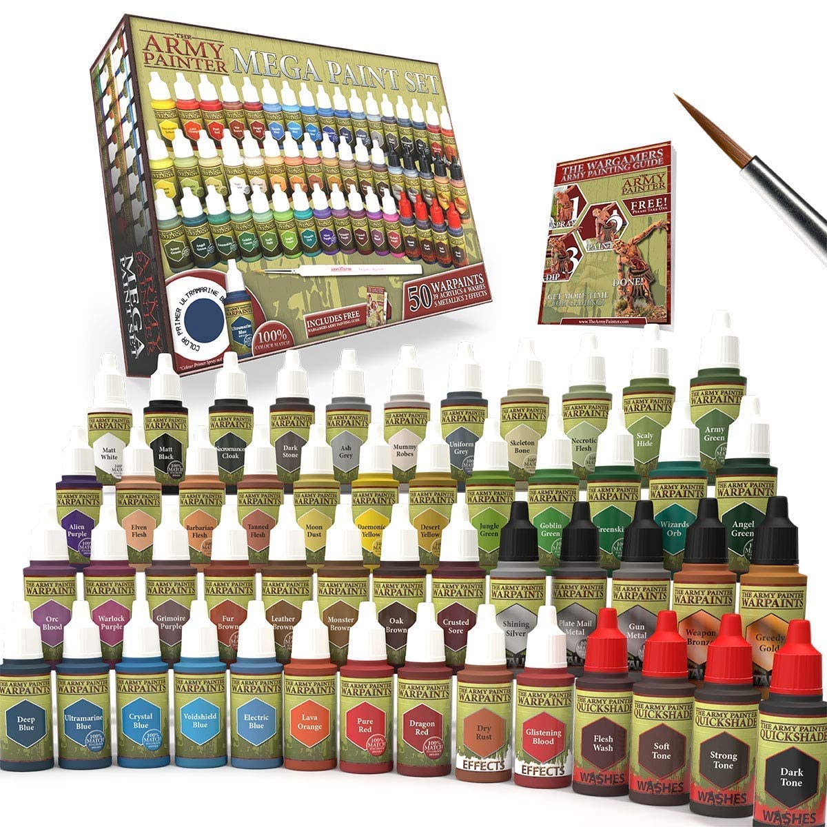 The Army Painter Warpaints Mega Paint Set, 50 Acrylic Paints and 1 Wargamer: Regiment Brush - Comprehensive starter set for Wargames, Roleplaying and Tabletop Miniature Model Painting