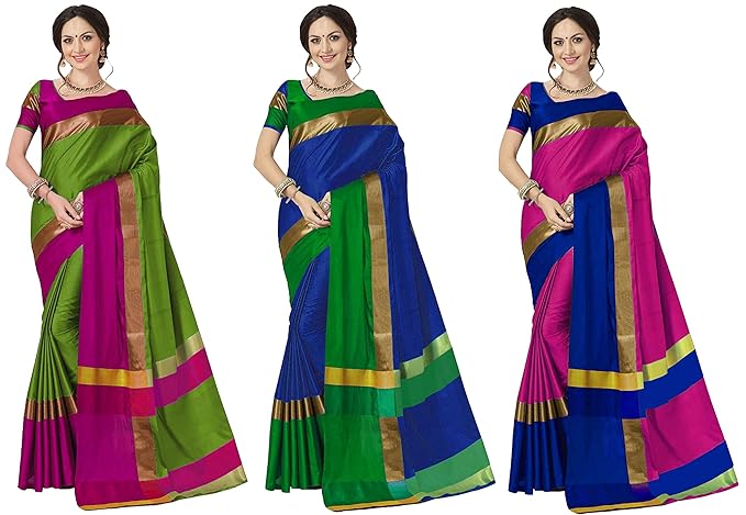 Cotton Saree with Blouse Piece (Pack of 3) (PACK OF-3-COMBO-GREEN-BLUE-PINK_Green&Blue&Pink_Free Size)