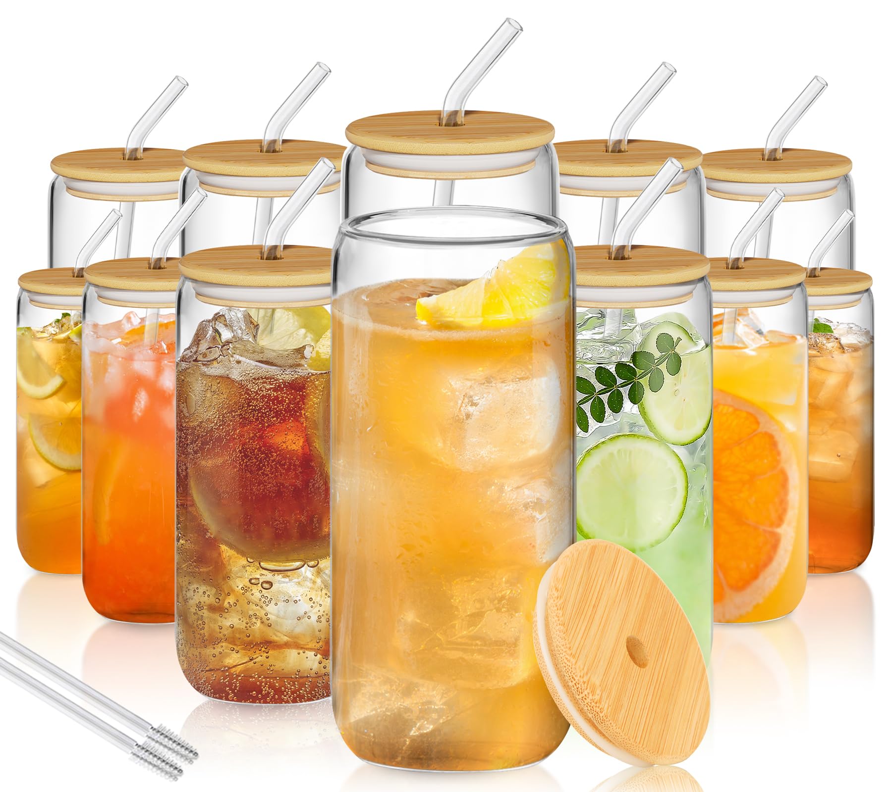 Photo 1 of Deriibrico 20 Oz Glass Cups with Bamboo Lids and Glass Straw - 12 Pcs Drinking Glasses Set, Iced Coffee Tumbler for Coffee, Juice, Tea, Soda, Smoothie, Cocktail Include 2 Cleaning Brushes