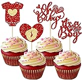 Ephlyn 24Pcs Happy Valentine's Day Oh Baby Cupcake Toppers Glitter Baby Feet Onesie Heart It's a Boy Cupcake Picks for Baby Shower Birthday Party Cake Decorations Supplies Red