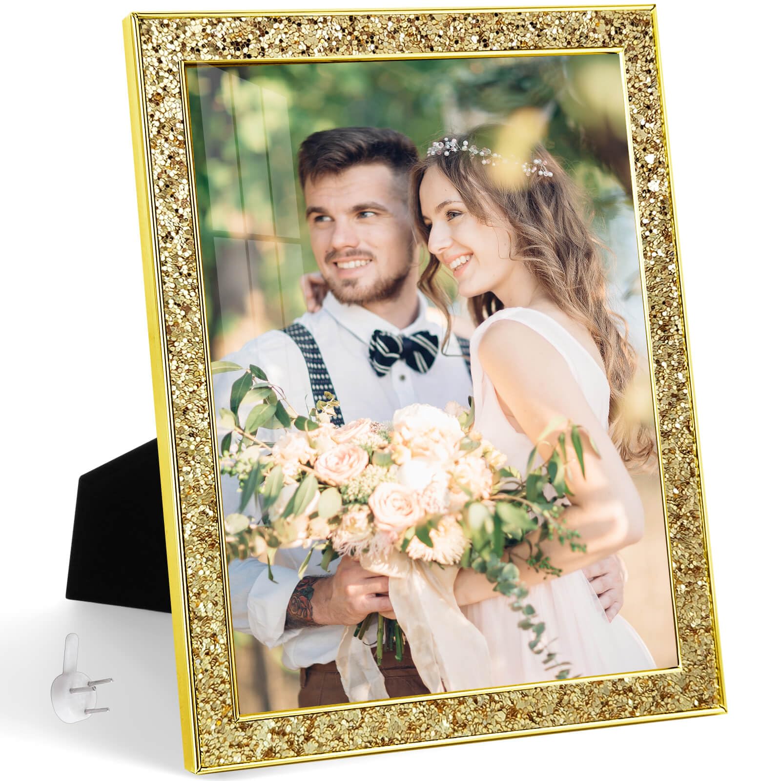 Photo 1 of HIKWADERY 8x10 Picture Frame Glitter, Gold Bling 8 by 10 Photo Frames with HD Real Glass, for Wall or Tabletop Display, Family Friends Wedding Christmas Day Gift (8 x 10, Gold)