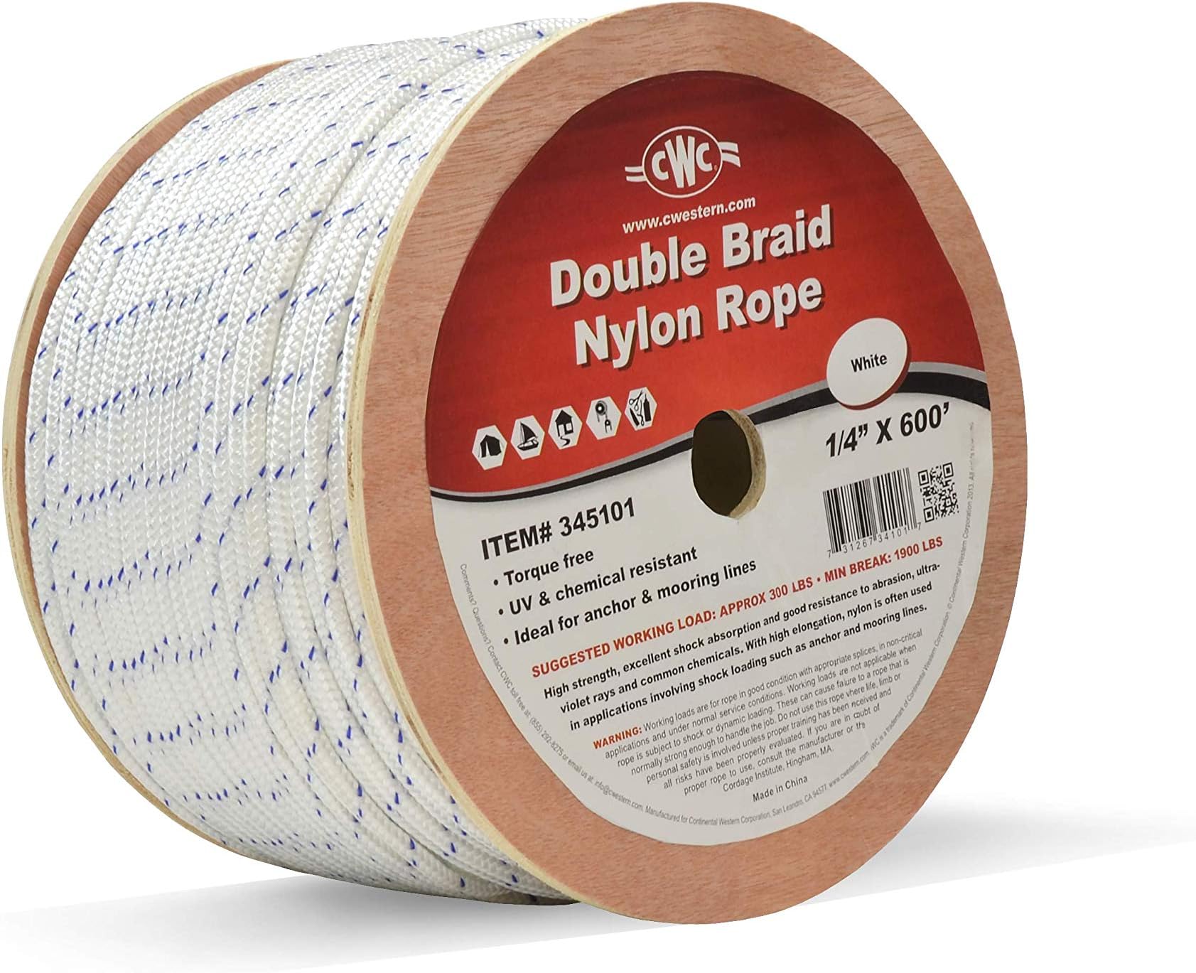 CWC Double Braid Nylon Rope Line - 600 ft, White W/Blue Tracers (1/4" x 600' - 2000 lb. Tensile)