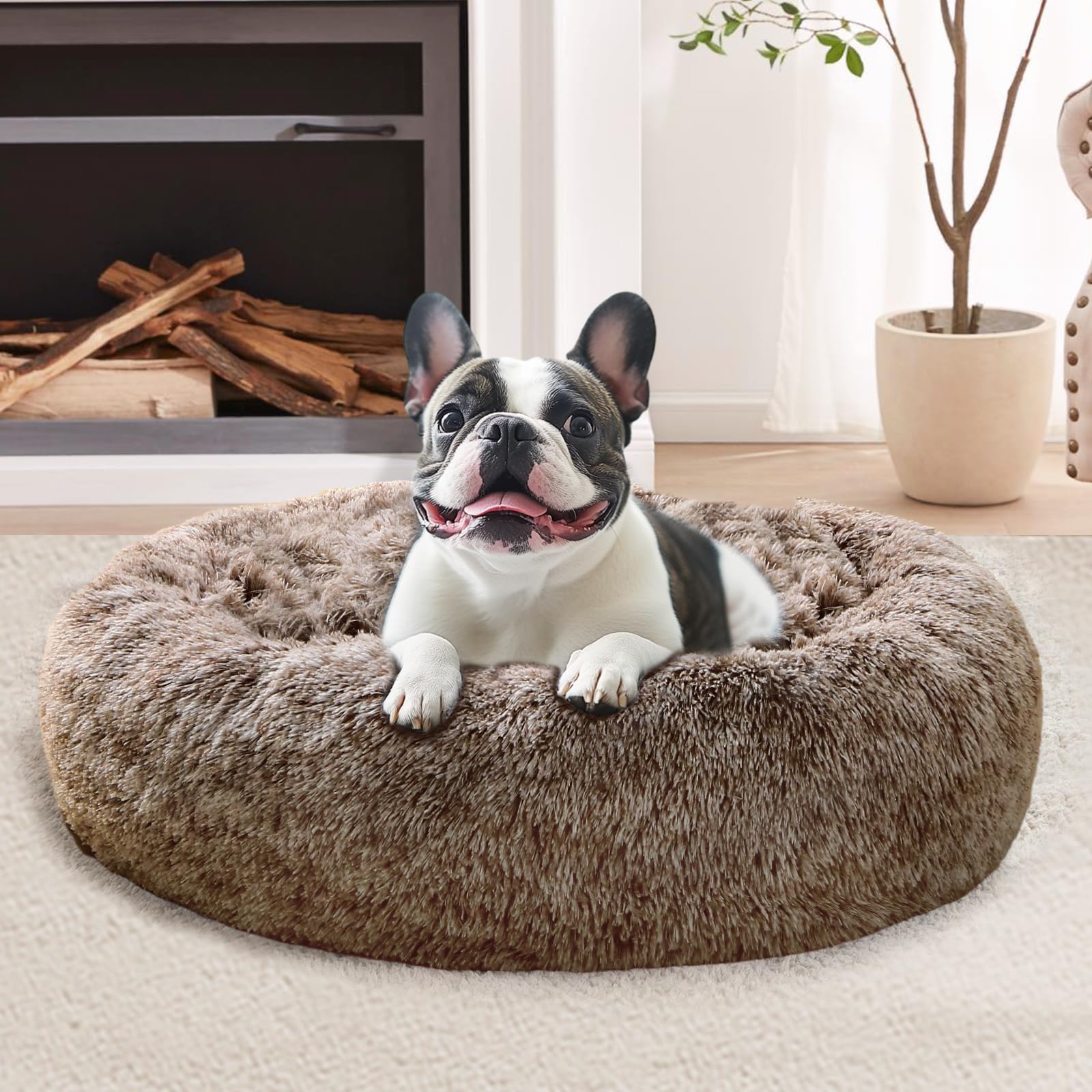 Photo 1 of ***(HEAVILY USED/ MINOR DAMAGE)***JOLLYVOGUE Small Dog & Cat Beds for Indoor Cats, Donut Cuddler Warming Soft Dog Beds with Anti-Slip Bottom, Round Calming Fluffy Plush Faux Fur Cushion Bed for Small Dogs (23", Smoke Brown)