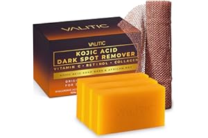 VALITIC Kojic Acid Dark Spot Remover Soap with Turmeric, Vitamin C, Retinol - Original Japanese Complex - Hyaluronic Acid, Vitamin E, Shea Butter, Castile Olive Oil - 3 Pack Bundle with African Net