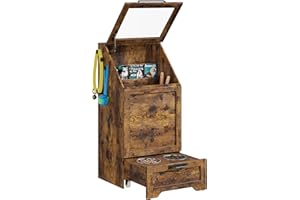 Pet Food Storage Cabinet with 2 Removable Stainless Steel Bowls, Large Capacity Dog & Cat Food Container with Tempered Glass 