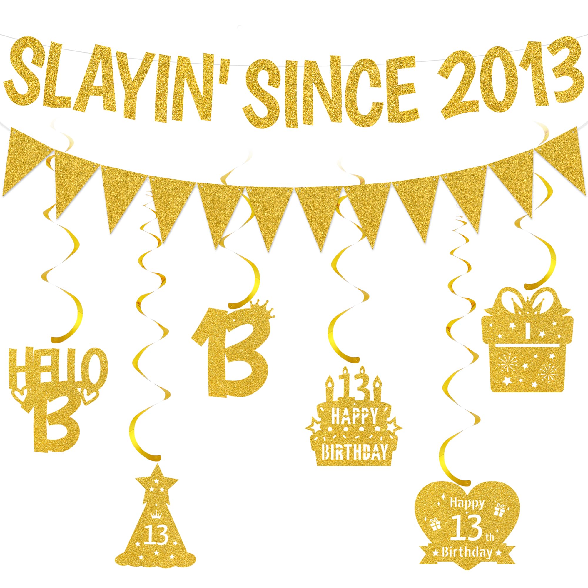 Slayin’ Since 2013 Banner Decorations - Glitter 13th Birthday Hanging Swirls Decorations and Pennant Garland, Gold Funny Birthday Party Supplies for Boys and Girls