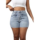 Lachmose Denim Shorts for Women Summer High Waisted Stretchy Frayed Raw Hem Jean Shorts