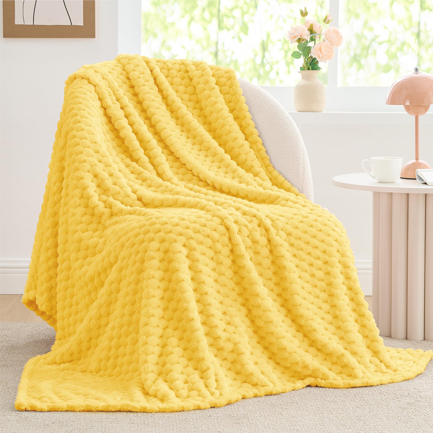 BEDELITE Fleece Blanket - 3D Jacquard Decorative Light Yellow Twin Blankets for Couch & Bed, Soft and Cozy Warm Plush Fluffy Blanket All Seasons Suitable, 60x80Inches Image