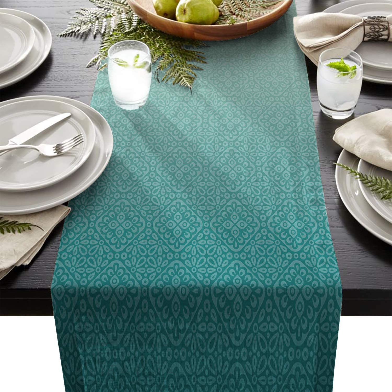Fandim Fly Dining Table Runner 13 x 90 Inch, Gradient Background Classical Pattern Table Runners for Morden Stylish Wedding Party Holiday Table Setting Decor