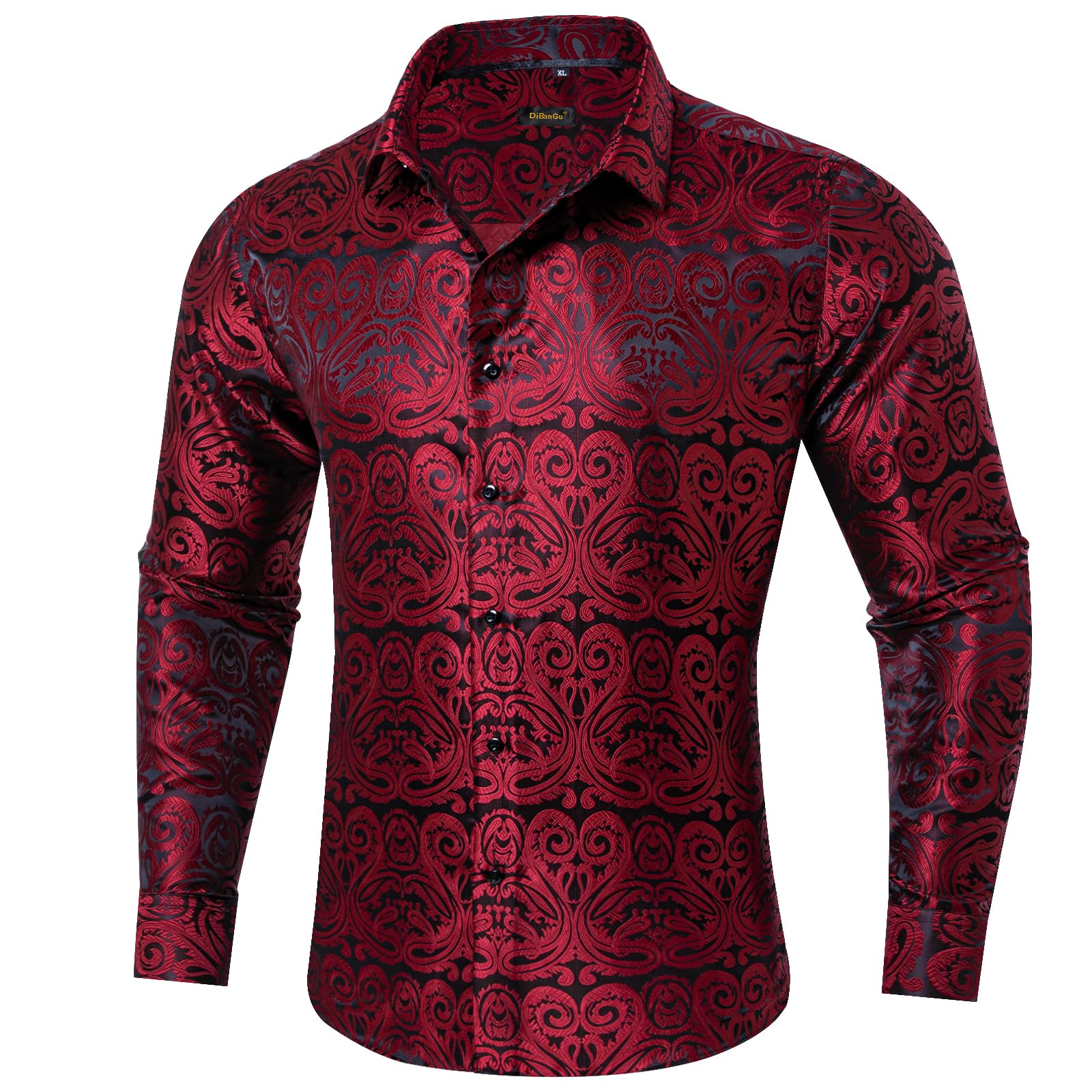 Photo 1 of Size 3XL.  DiBanGu Silk Mens Dress Shirts,Woven Paisley Long Sleeve Button Down Shirt for Men Casual Regular Fit Shirts Wedding Party, Wine Red, 3X-Large