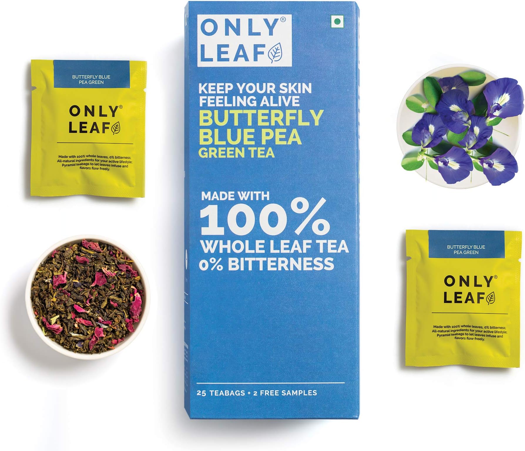 Onlyleaf Butterfly Pea Green Tea Made with 100% Whole Leaf , 27 Tea Bags (25 Tea Bags + 2 Free Exotic Samples)