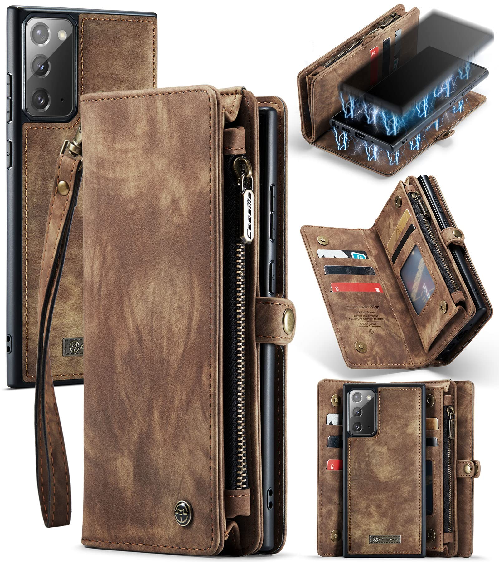 UFinetech 2-in-1 Stylish Samsung Galaxy Note 20 Case Wallet Magnetic Detachable Luxury Leather TPU Card Holder Flip with Lanyard Zipper Carrying Purse Cover for Samsung Galaxy Note 20 5G 2020 Brown