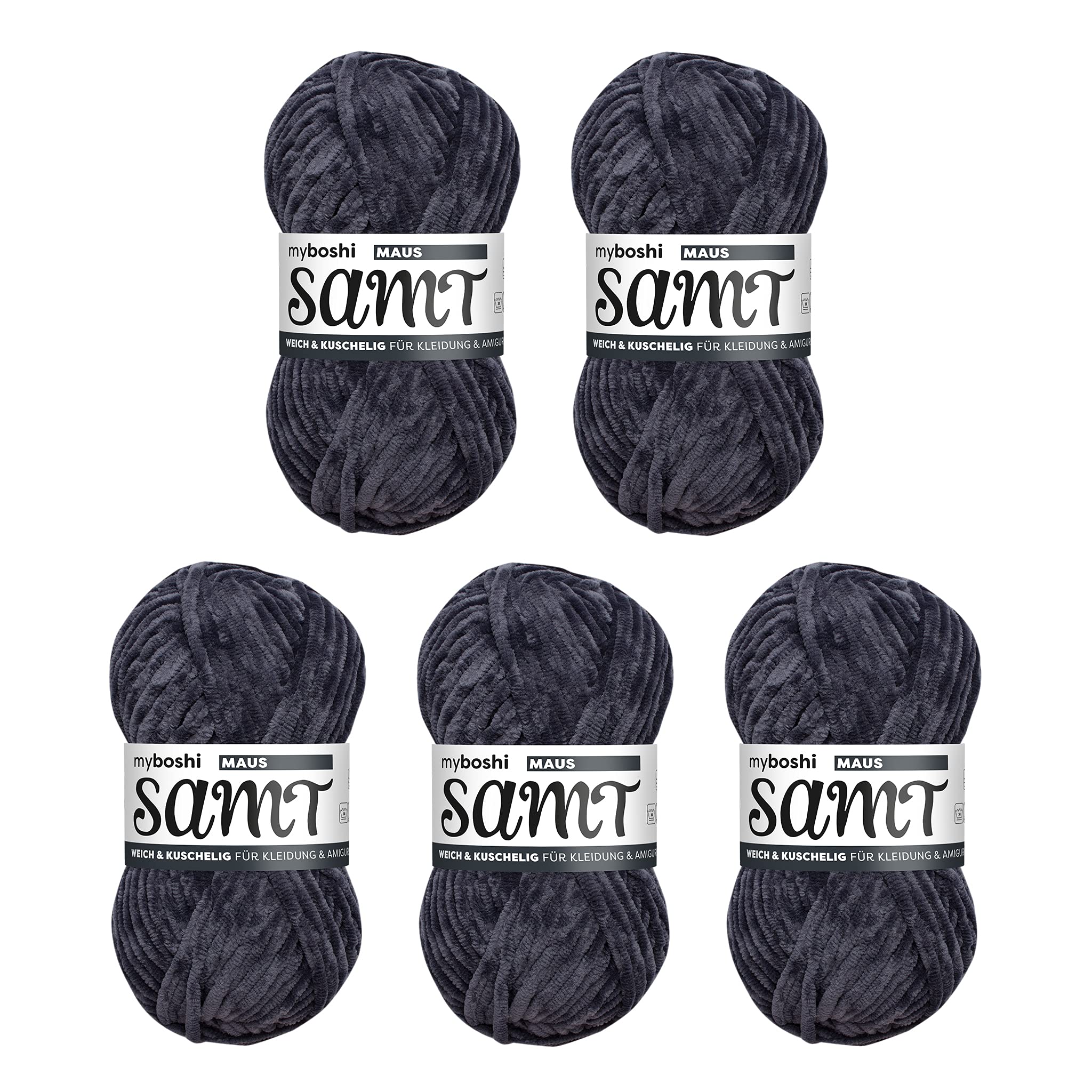 myboshi crochet and knitting yarn | velvet | chenille yarn | fluffy wool | 5-pack ball | 862 mouse - anthracite