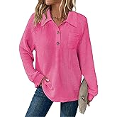 Balivsa Womens Tops Waffle Knit V-Neck Long Sleeve T-shirts Button Down with Pockets Tunic Fashion Clothing