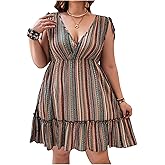 Floerns Women's Plus Size Boho Striped V Neck Ruffle Dress Flowy Vacation Short Dresses