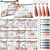 Hillban 32 Pcs Canvas Cosmetic Makeup Bag Women Valentine's Day Inspirational Gifts Travel Toiletry Makeup Bag Pouch with Inspirational Keychains for Women Teacher Appreciation Gift(Flowers)