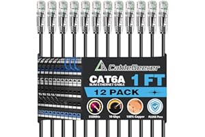 CableGeeker Cat6A Ethernet Patch Cable 1ft-12Pack Black, High-Speed 10Gpbs, 550MHz Slim Patch Cables, 28AWG Flexiable Network