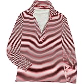 Zontroldy Women's Fuzzy Fleece V Neck Pullover Sweatshirt Jacket Long Sleeve Solid Henley Shirt Sherpa Top(1556-RedStripe-L)