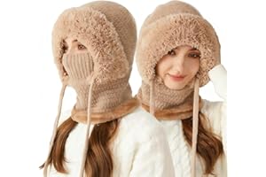 3 in 1 Beanie Hat with Scarf and Mask,Women's Outdoors Windproof Scarf Hat, Windproof Plush Lined Knit Hats for Cold Weather