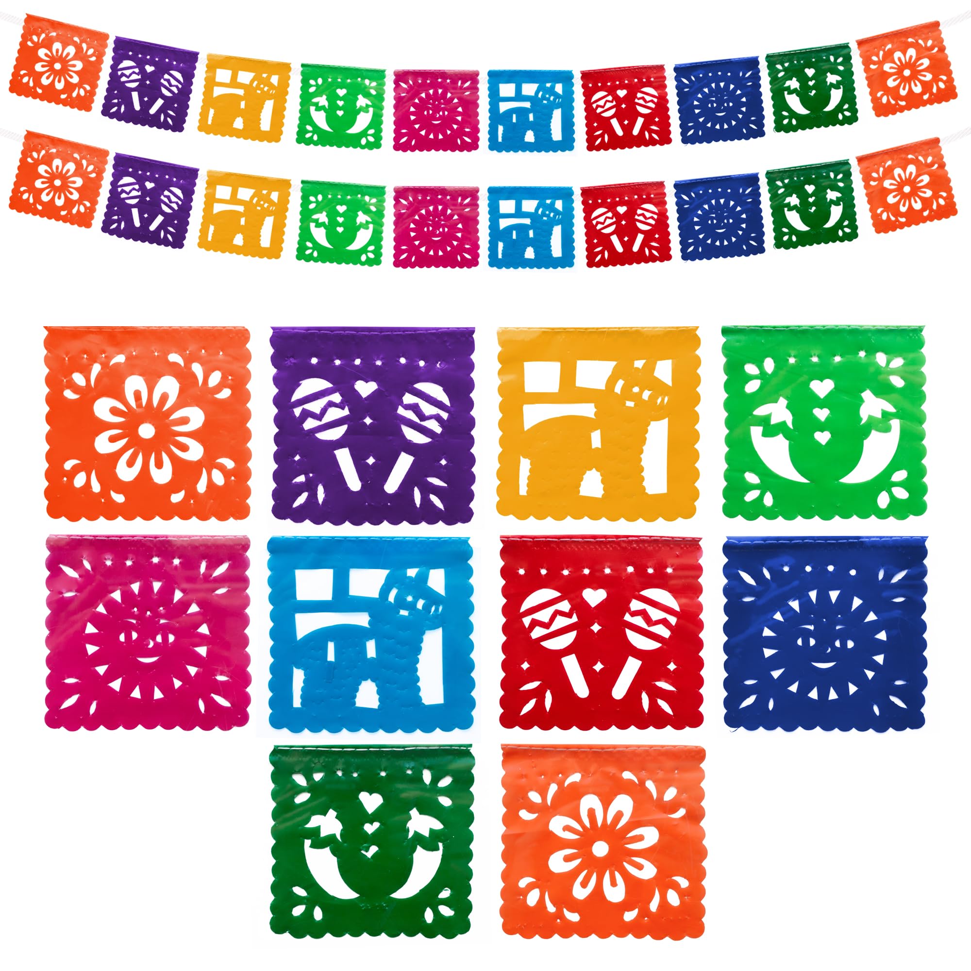 Photo 1 of Mini Mexican Party Banners (2 Pack with 10 Small Plastic Flags per Banner) - Mini Papel Picado Banner - Papel Picado Mexicano Para Fiesta - Fiesta Themed Party Decorations - Mexican Decor Cinco de Mayo Party Decorations