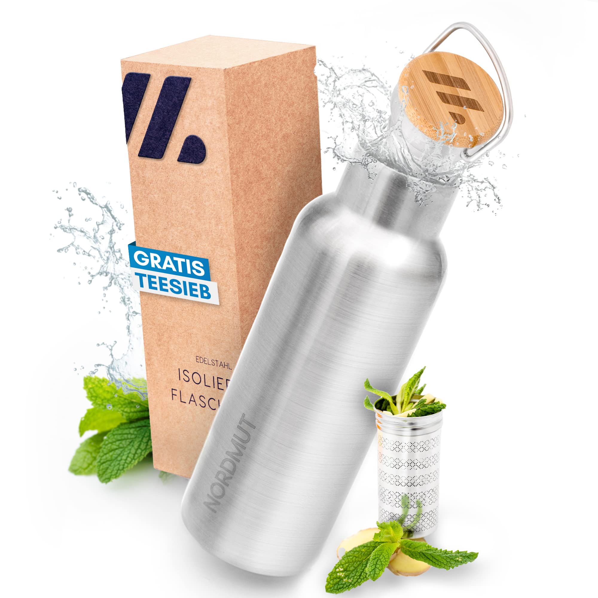 NORDMUT ® Premium Stainless Steel Thermos Flask [with Tea Strainer] Water Bottle Insulated BPA and Leak-Proof Sustainable Outdoor Insulated Flask Thermal Flask for Children and Adults [500 ml]