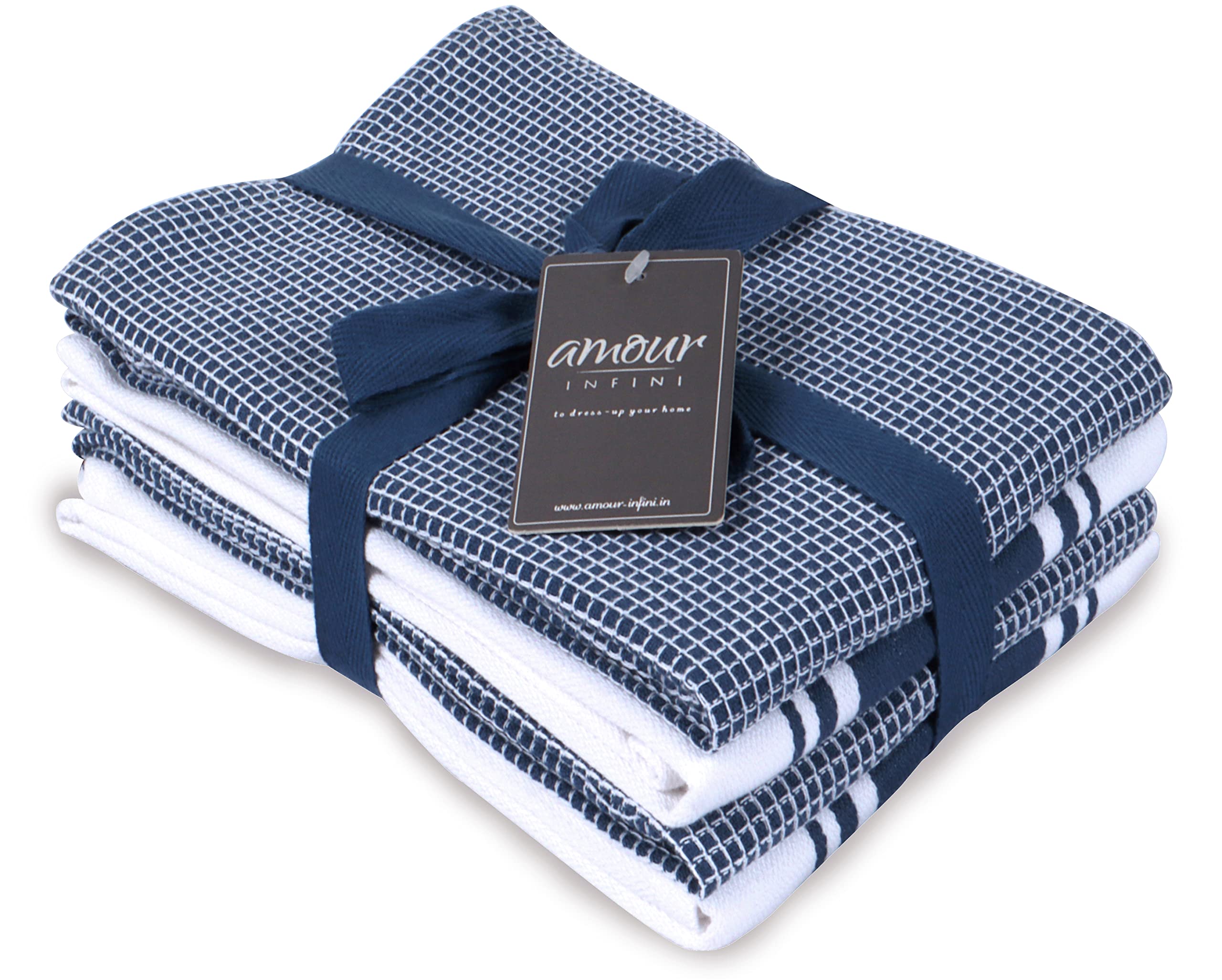 AMOUR INFINI Kitchen Tea Towel Classic Vintage Stripe, Waffle Weave Kitchen Towels Set of 4, 50 x 70 cm Multi-use Dish Towels Hanging Loop Ring Spun Premium Cotton Highly Absorbent Bar Towels | Blue