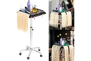 yeshine Hair Extension Tool Tray Trolley Cart for Hairstylist Upgraded Rolling Salon Tray Cart Height Adjustable Aluminum Salon Tray on Wheels, Hair Salon Wig Holder Removable Hair Extension Holder