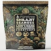 PURETREX Shilajit Seamoss Capsules with Lion's Mane, Ashwagandha, and Cordyceps – 120 Vegan Capsules for Energy, Focus, and Wellness