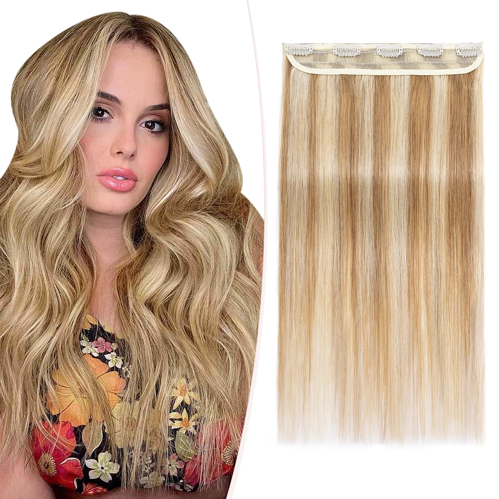 SEGOHAIR Clip in Hair Extensions Real Human Hair, 16" Hair Extensions Clip in One Piece 5 Clips Remy Seamless (45g) Golden Brown Mix Bleach Blonde — image 1