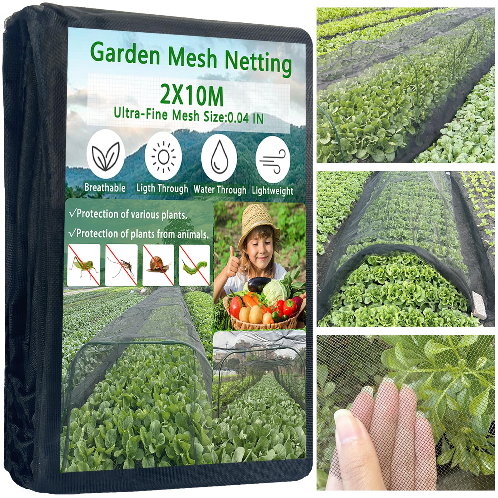 Thickened Black Nano PPT Garden Netting-2×10M, Ultra-Fine Insect Mesh for Vegetable Fruits Flowers Cover Protection from Birds Pest Bug Eating, 30% Shade Rate, Reusable & Durable