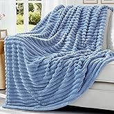 decorUhome Soft Fleece Blue Grey Twin Blanket for Bed, Cozy Fluffy Plush Flannel Striped Throws for Couch Sofa, Lightweight Decorative Ribbed Fuzzy Blanket for Woman, 60x80 Inches